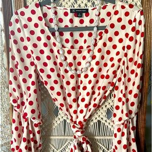 NYC red polkadot blouse with tie